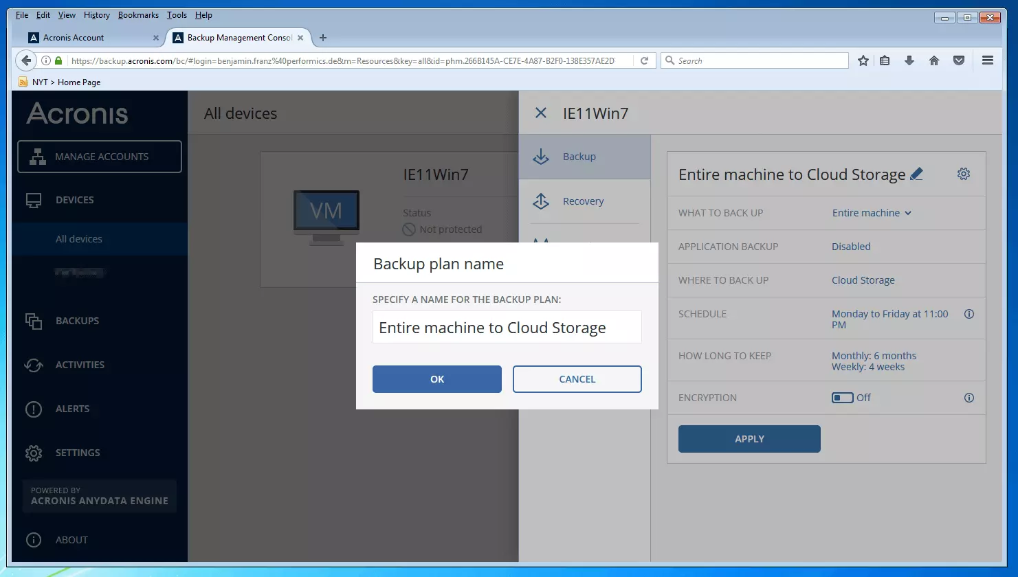 Bild: Die Backup-Management-Konsole von Acronis Backup 12.5: Dialogfenster zur Benennung von Backup-Plänen