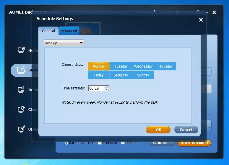 Bild: Aomei Backupper Standard 4.0.4: Menü zur Erstellung eines Backup-Zeitplans