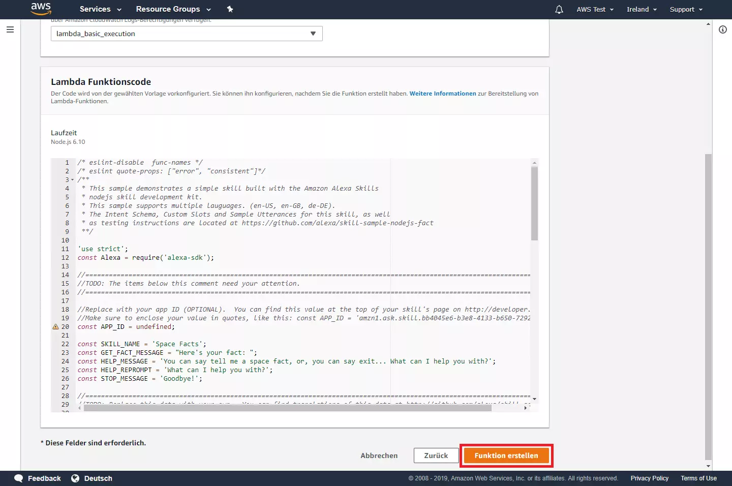 Bild: AWS-Management-Konsole: Der Programmcode der Vorlage alexa-skill-kit-sdk-factskill