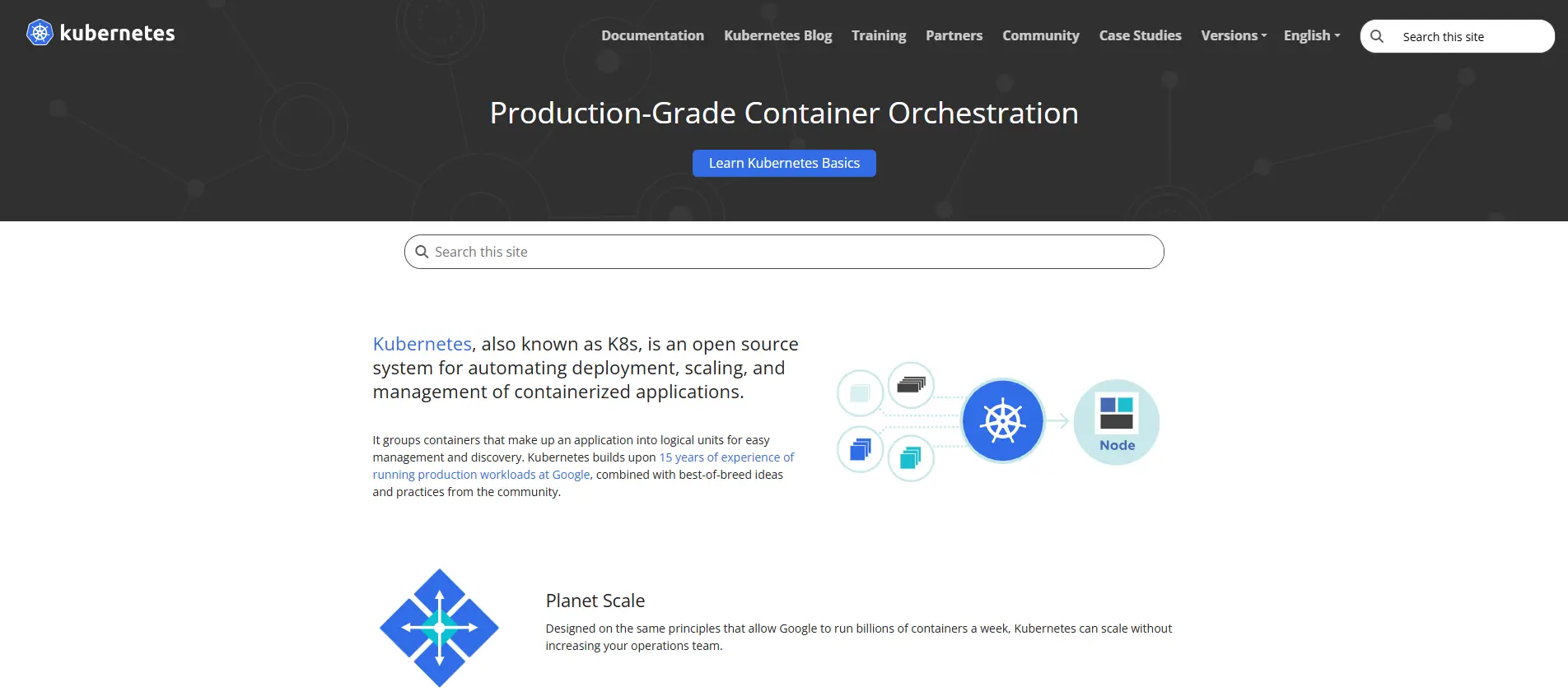 Homepage von Kubernetes Bild: Homepage von Kubernetes