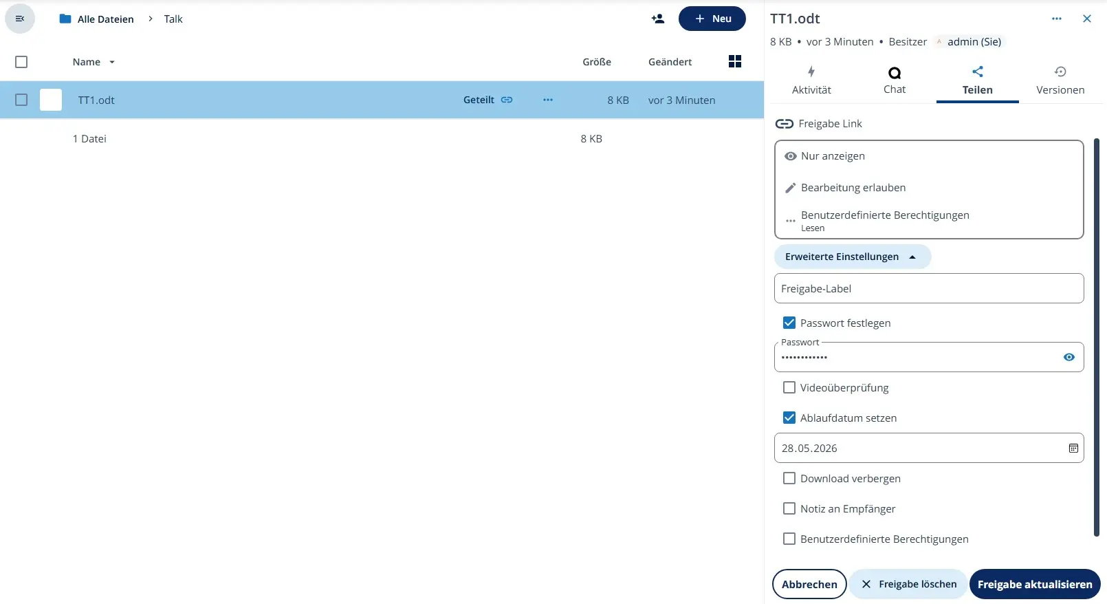 Nextcloud: benutzerdefinierte Berechtigungen bei der Dateifreigabe aktivieren Bild: Nextcloud: benutzerdefinierte Berechtigungen bei der Dateifreigabe aktivieren