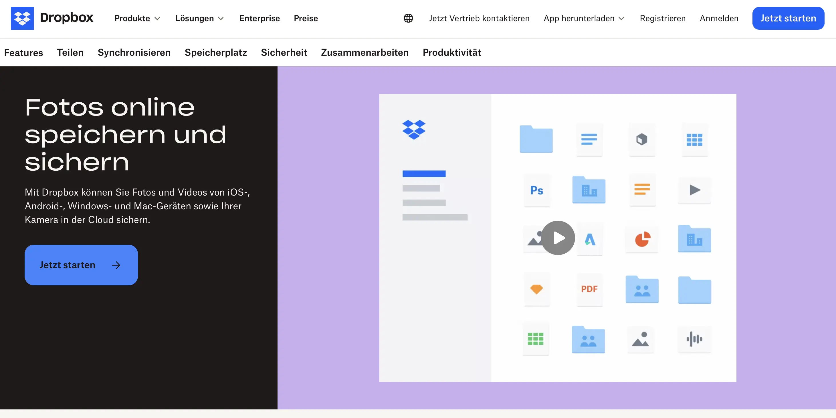 Screenshot der Dropbox-Seite zum Thema „Speicherplatz für Bilder“ Bild: Screenshot der Dropbox-Seite zum Thema „Speicherplatz für Bilder“