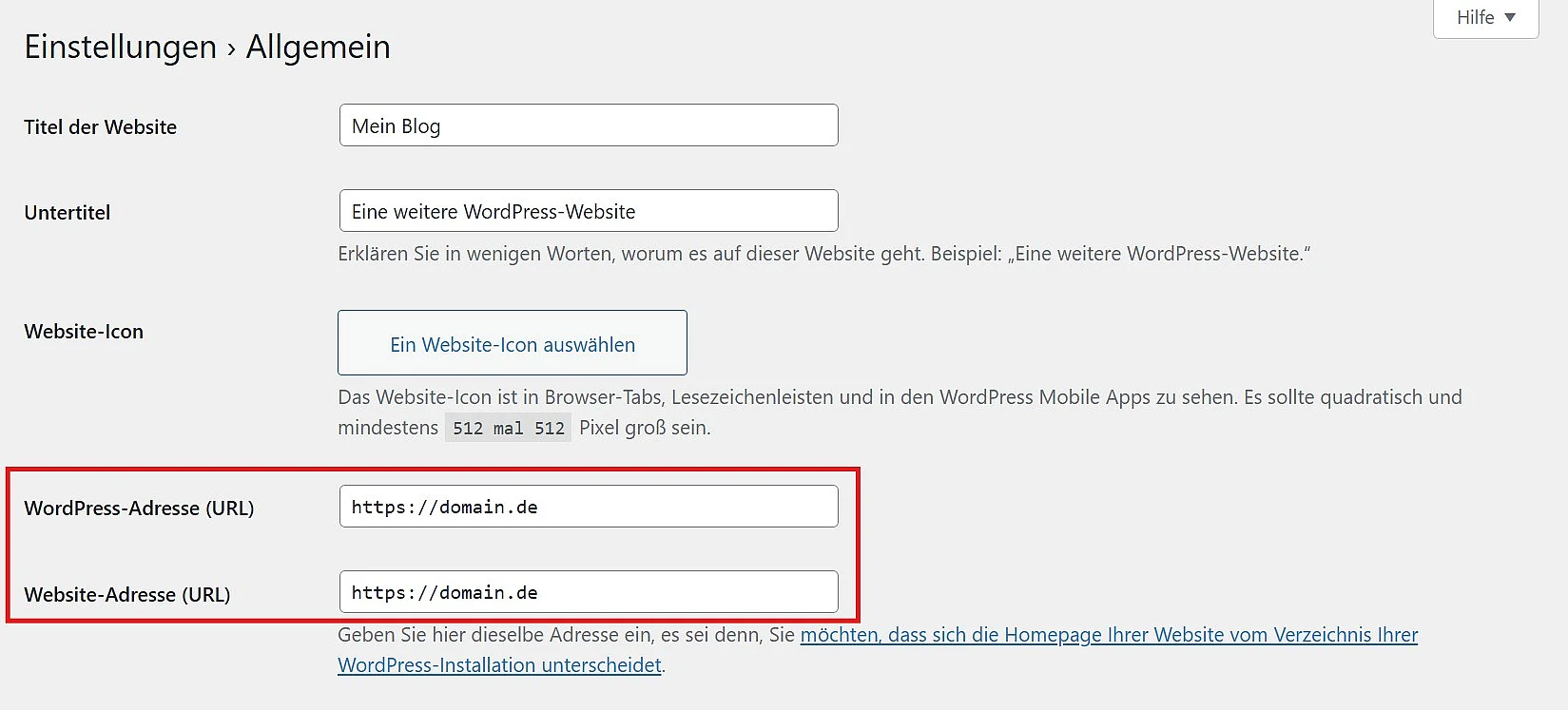 Allgemeine Einstellungen im Admin-Bereich von WordPress Bild: Allgemeine Einstellungen im Admin-Bereich von WordPress
