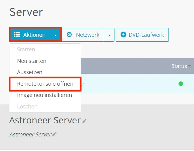 Screenshot des IONOS Cloud Panels: Remotekonsole öffnen Bild: Screenshot des IONOS Cloud Panels: Remotekonsole öffnen