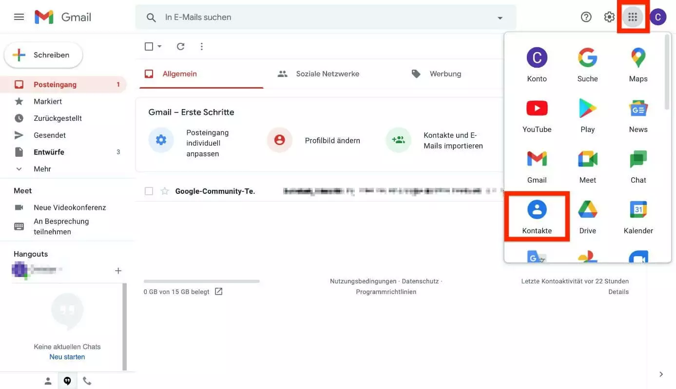 Bild: Google-Konto: „Kontakte“ in der App-Auflistung 