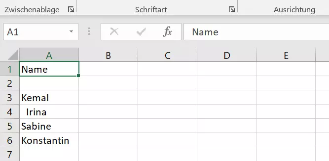 Bild: Excel: Unsauberer Datensatz mit überflüssigen Leerzeichen