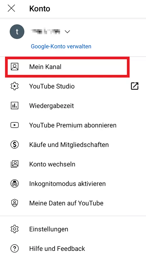 Bild: YouTube-App: „Mein Kanal“-Eintrag im Schnellmenü