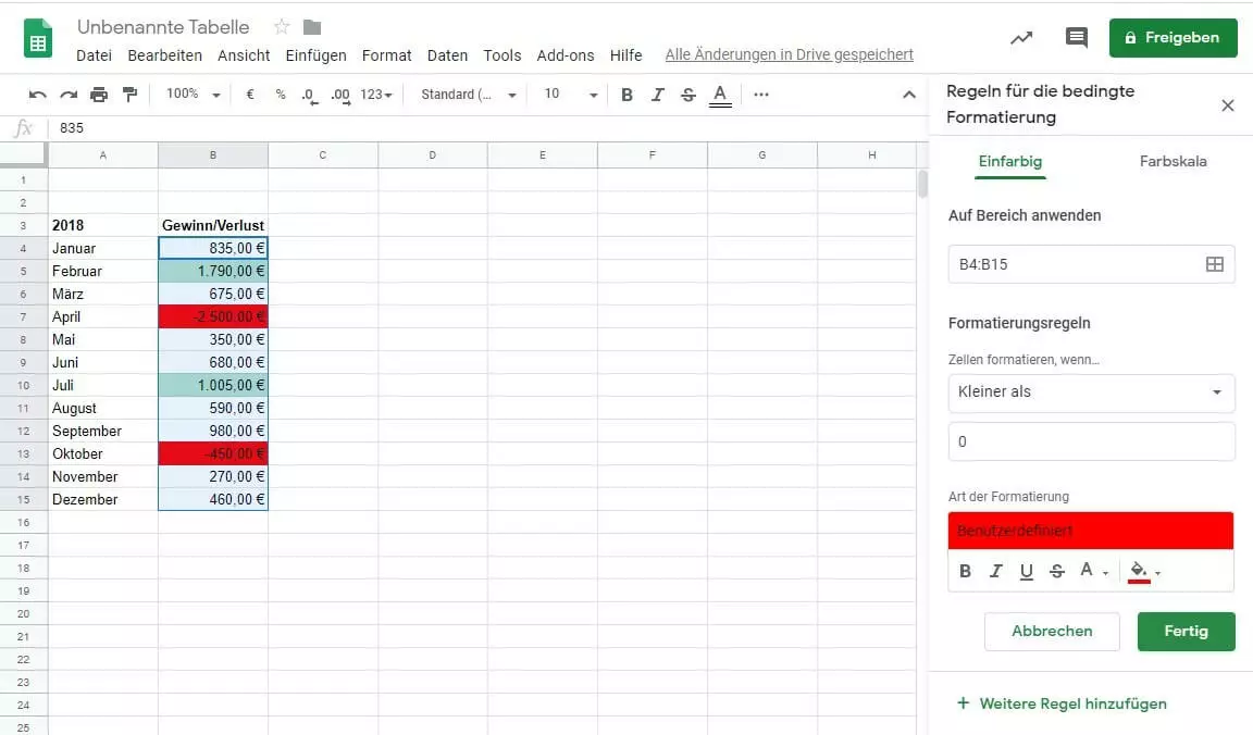 Google-Sheets-Tabelle mit zwei Formatierungsregeln