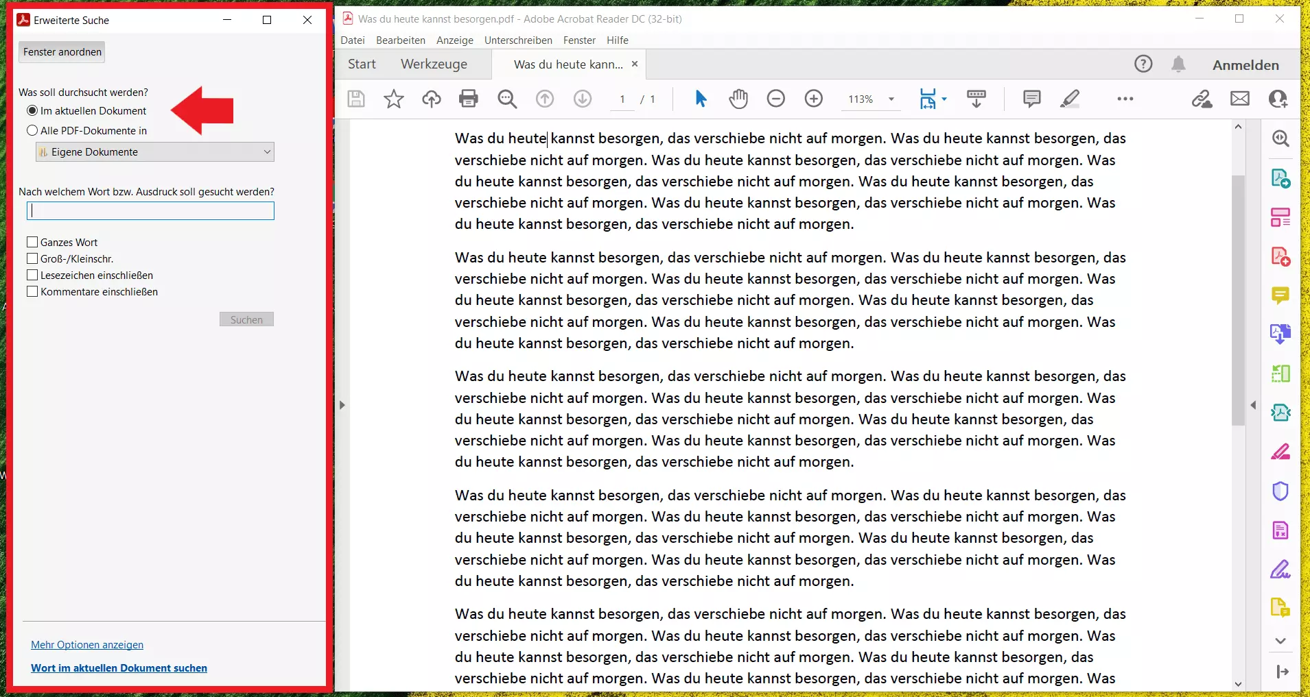 Menüfenster „Erweiterte Suche“ im Adobe Acrobat Reader