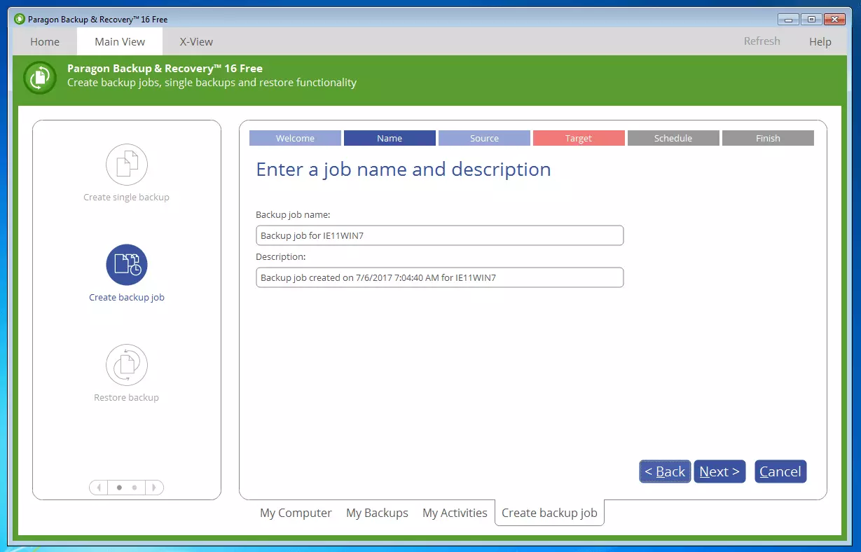 Bild: Paragon Backup & Recovery 16 Free: Menü zur Benennung des Backup-Jobs