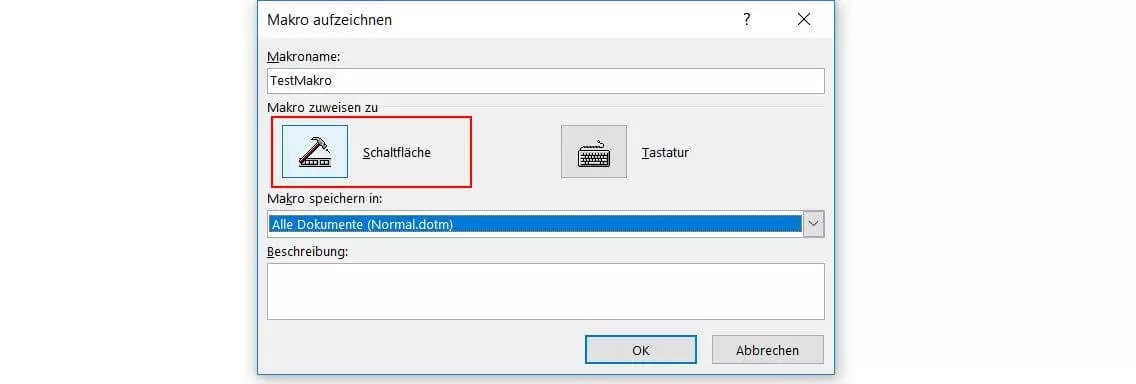 Bild: Menü „Makro aufzeichnen“ in Word 2016