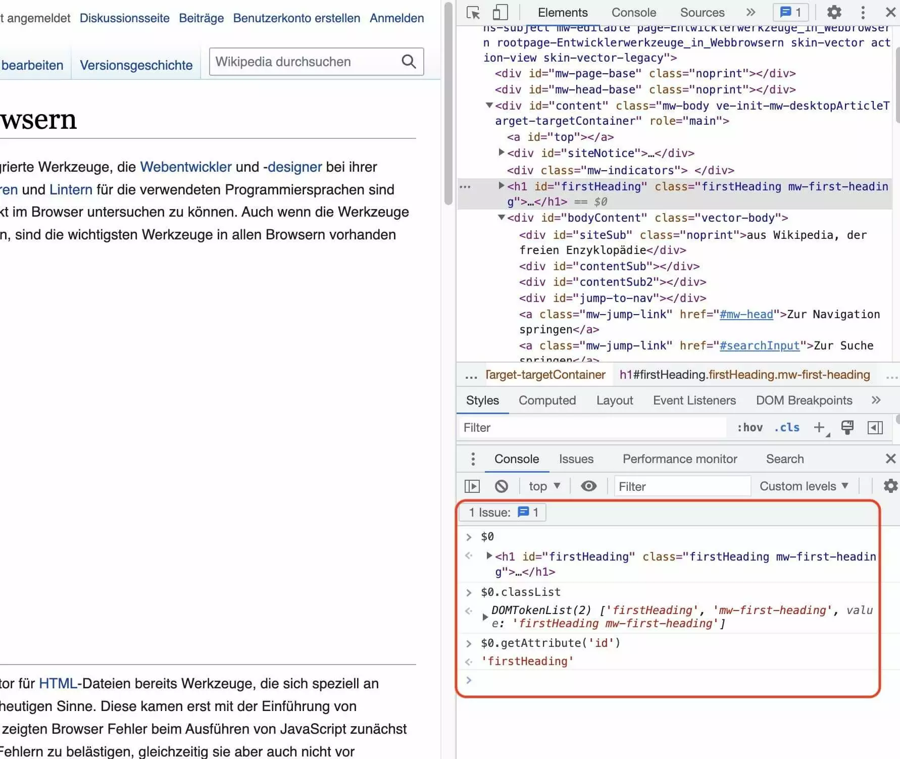 Bild: Das untersuchte Element in der JavaScript-Konsole