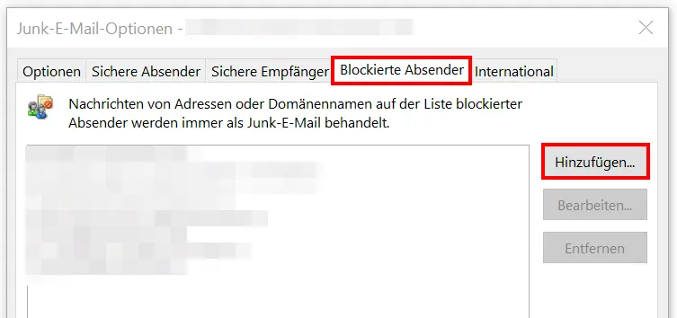 Bild: Outlook: Liste blockierter Absender