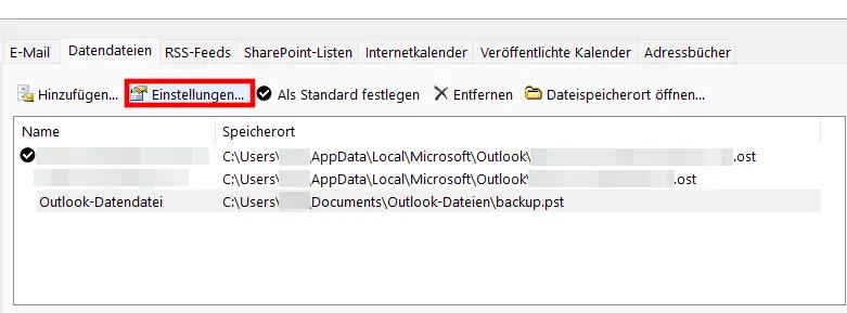 Auflistung der Outlook-Datendateien Bild: Auflistung der Outlook-Datendateien