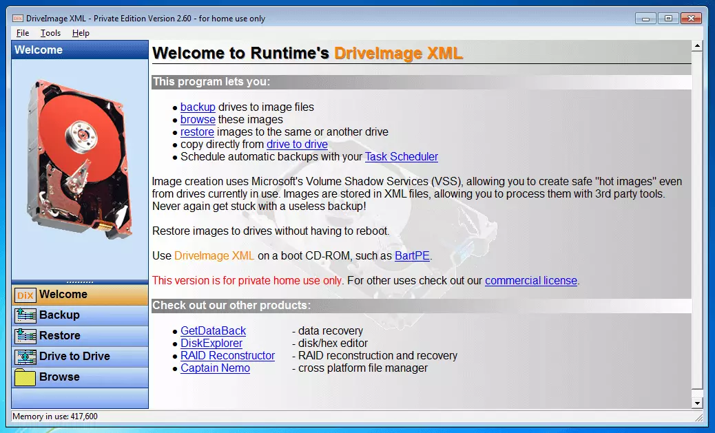 Bild: DriveImage XML 2.60: Startseite