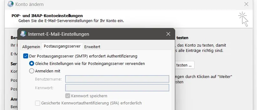 Bild: Postausgangsserver-Optionen in Outlook