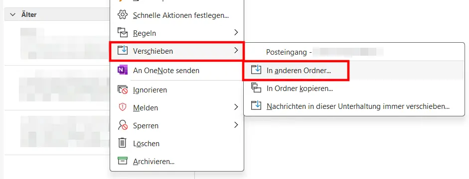 Bild: Kontextmenü einer gelöschten Outlook-Mail