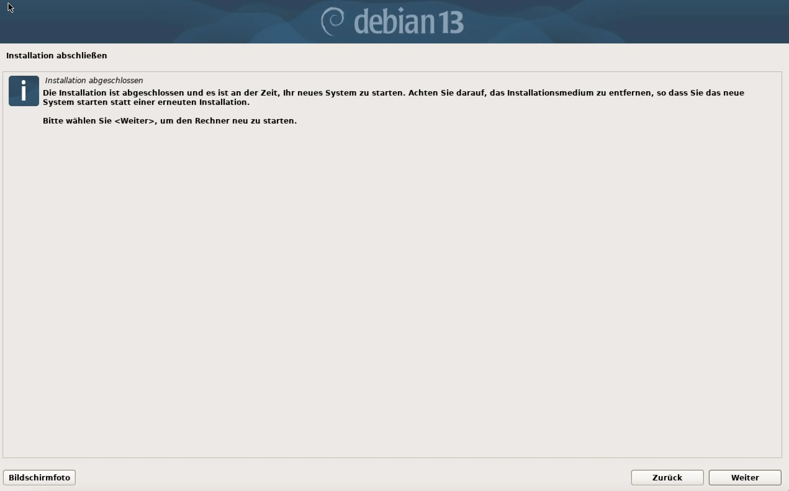 Bild: Screenshot der Debian-13-Installation: Installation abschließen