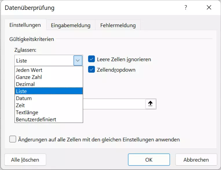Datenüberprüfungsmenü zur Erstellung von Auswahllisten in Excel Datenüberprüfungsmenü zur Erstellung von Auswahllisten in Excel