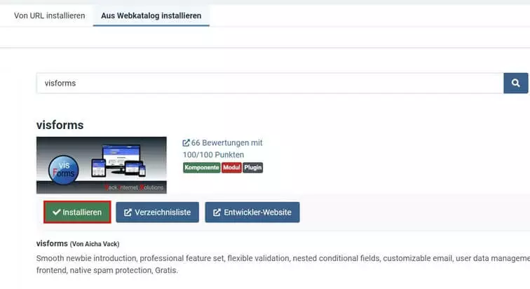 Bild: Joomla-Backend: visforms aus Webkatalog installieren