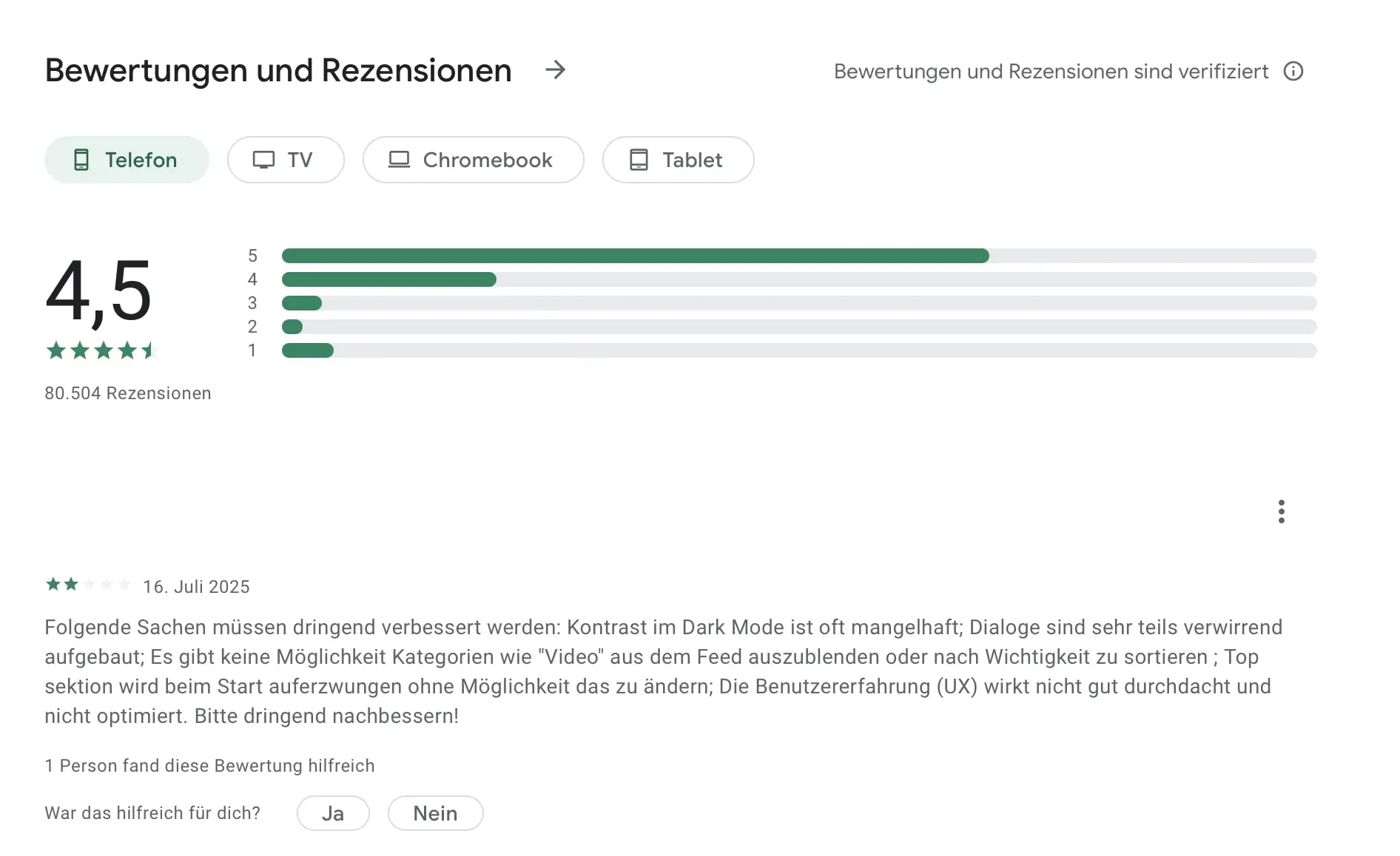 Screenshot einer App-Bewertung im Google Play-Store Bild: Screenshot einer App-Bewertung im Google Play-Store