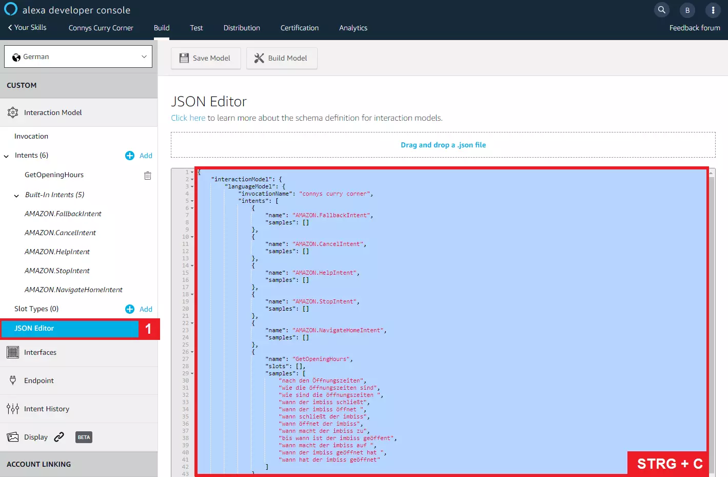 Bild: Das Interaktionsmodell des Skills im JSON-Editor