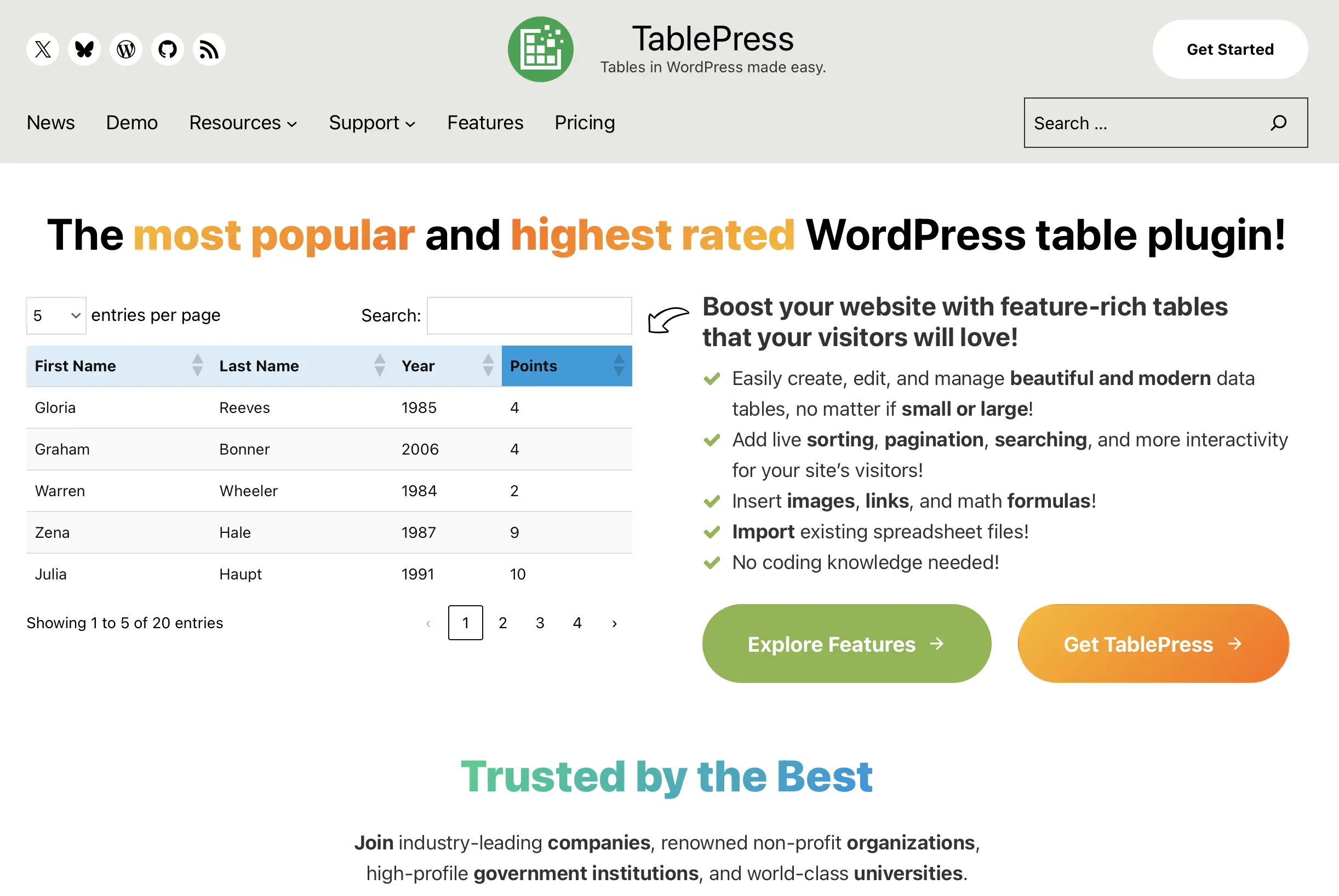 Bild: Homepage des WordPress-Plugins TablePress