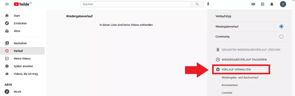 Bild: YouTube-Einstellungen: „Verlauf verwalten“