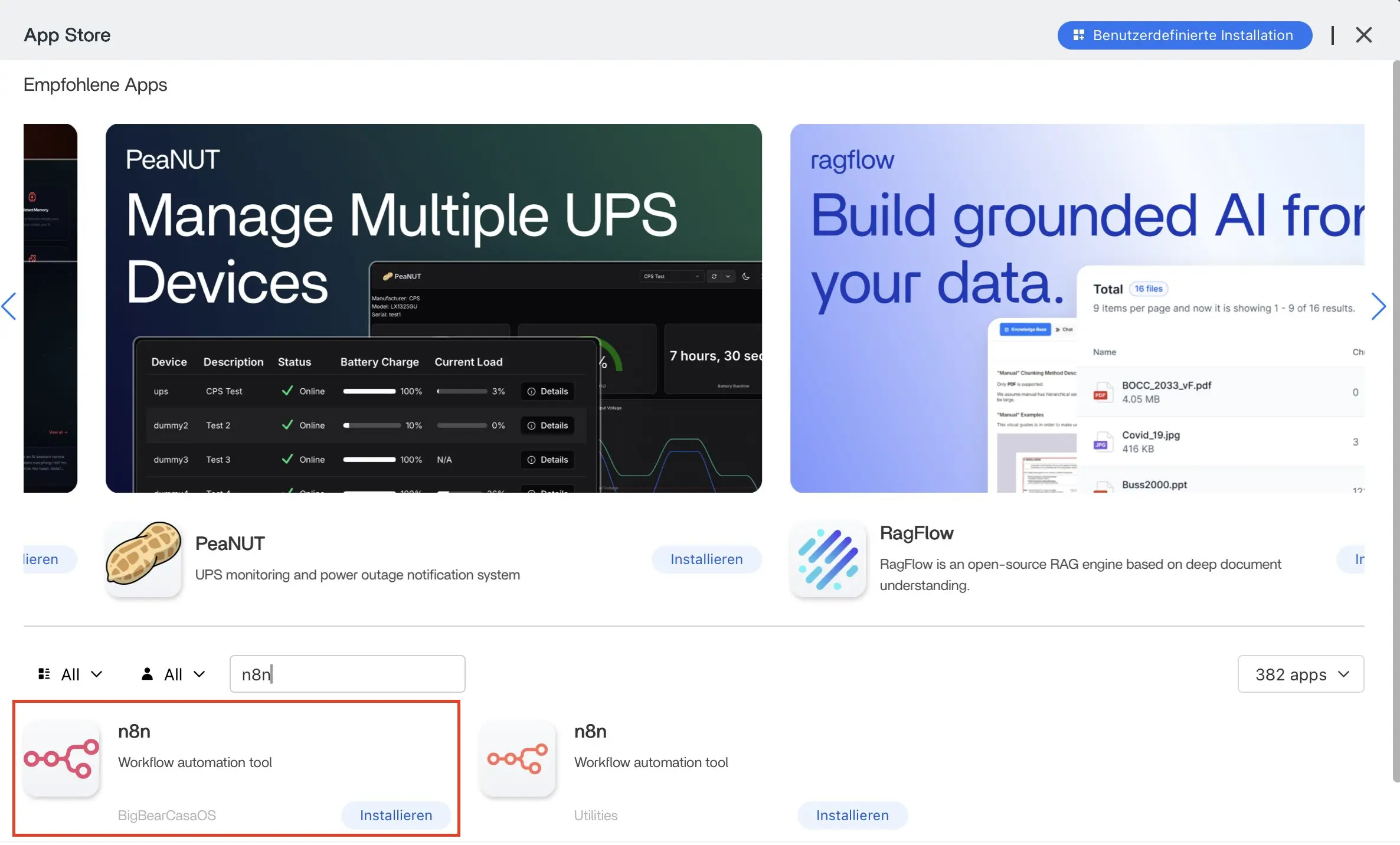 Bild: n8n im CasaOS-App Store suchen