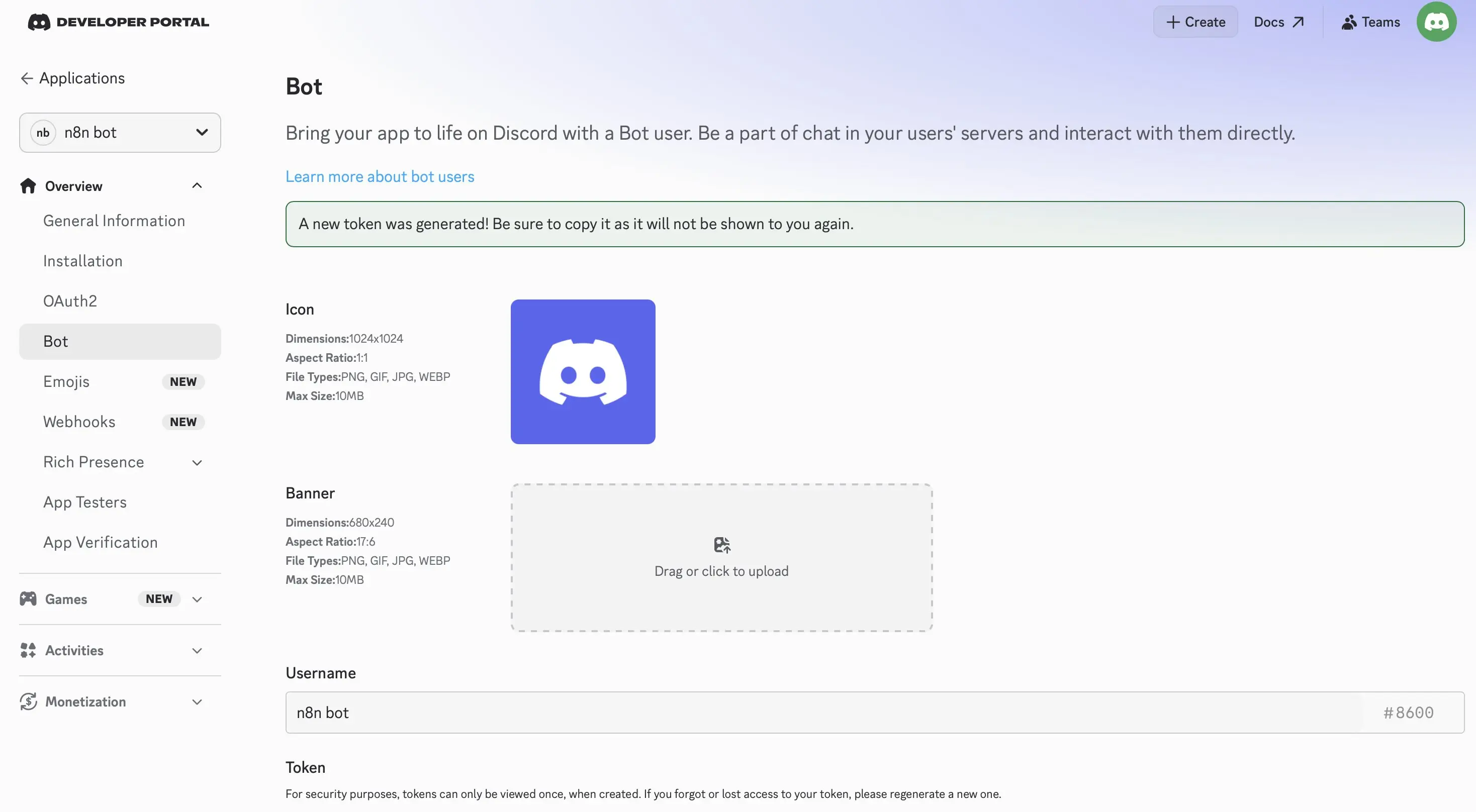 Bild: Discord Developer Portal: Bot anlegen