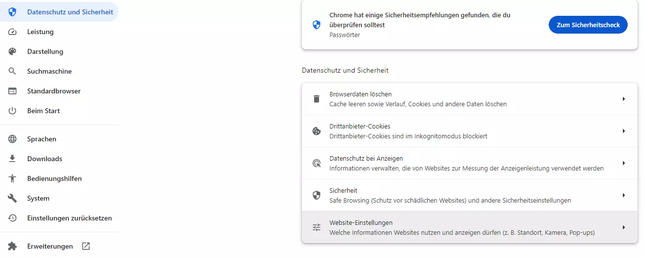 Google Chrome: Website-Einstellungen Google Chrome: Website-Einstellungen