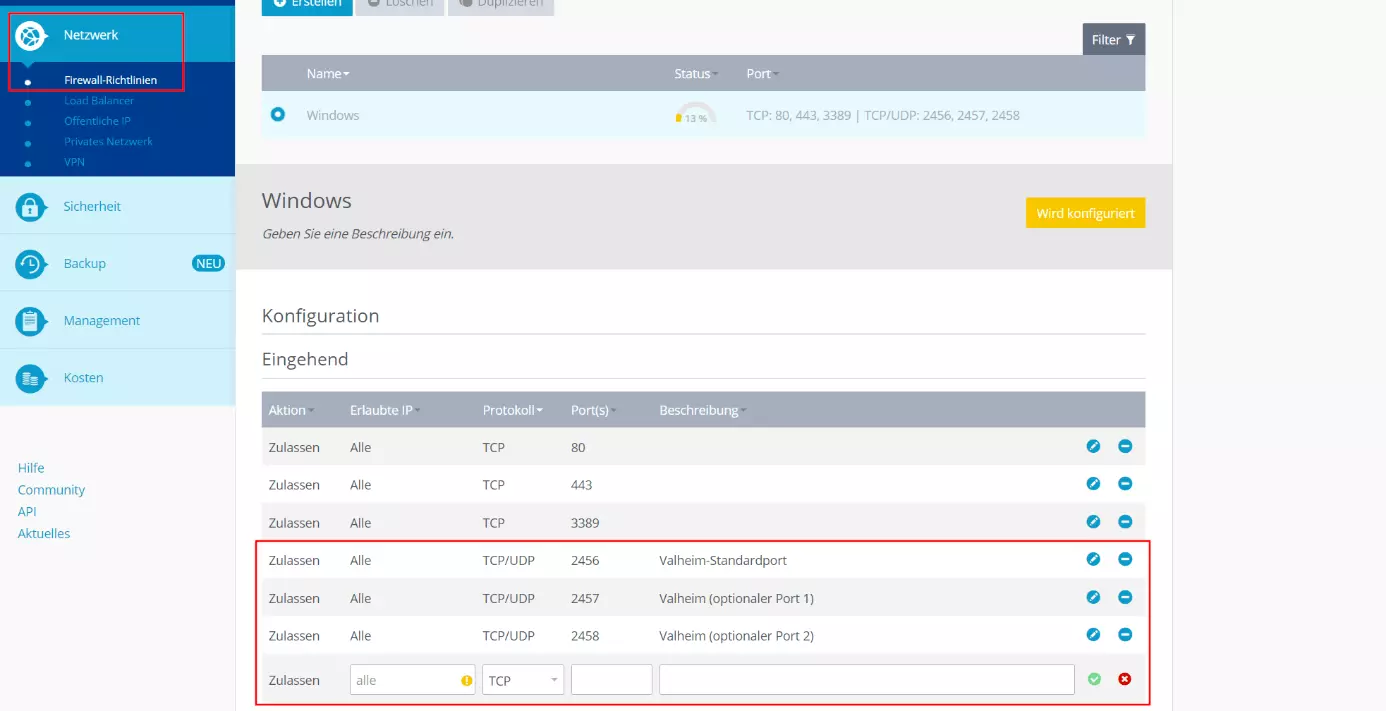 Bild: Firewall-Richtlinien konfigurieren im IONOS Cloud Panel