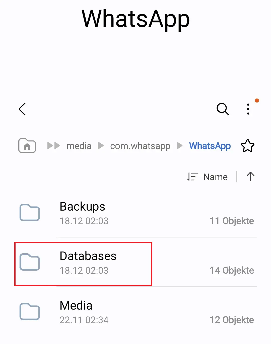 Lokale Backup-Dateien unter WhatsApp\Databases Bild: Lokale Backup-Dateien unter WhatsApp\Databases
