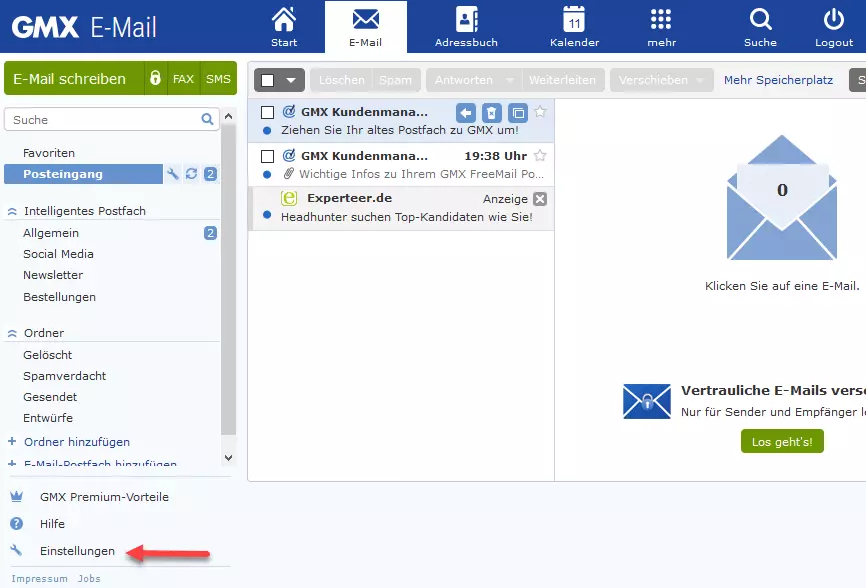 Bild: Menü „Einstellungen“ im GMX-Client