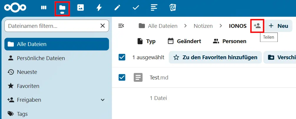 Bild: Nextcloud-Notizen teilen