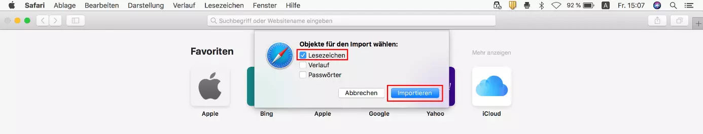 Bild: Safari-Dialog „Objekte für den Import wählen“