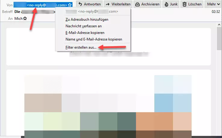 Bild: Thunderbird: Menüpunkt „Filter erstellen aus…“