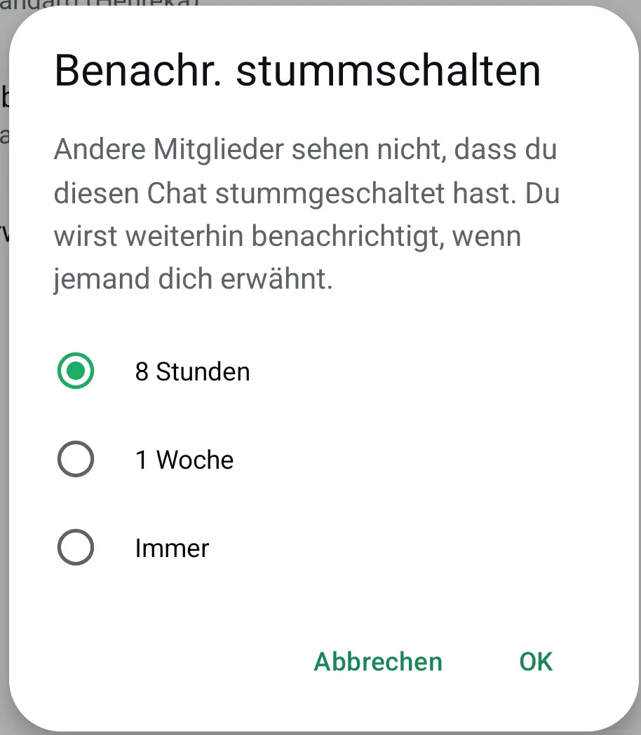 Android-Screenshot der Stummschaltungsfunktion im Chat-Infofenster Bild: Android-Screenshot der Stummschaltungsfunktion im Chat-Infofenster