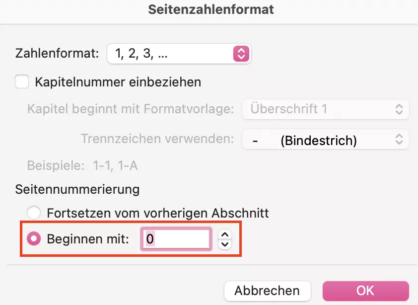 Menü Seitenzahlenformat in Word Menü Seitenzahlenformat in Word