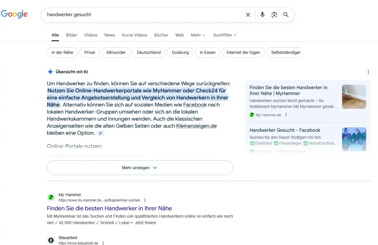 Bild: Google-Suche: „Handwerker gesucht“
