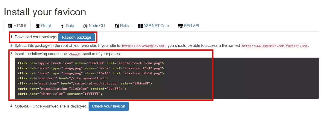 Bild: RealFaviconGenerator: Favicon-HTML-Code