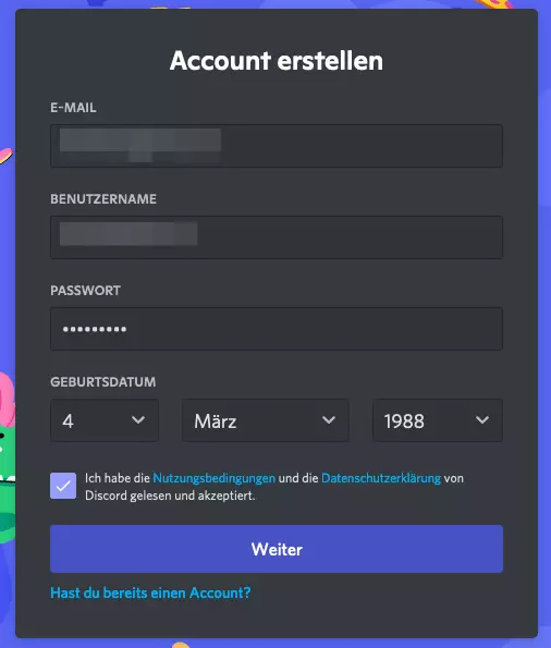 Persönliche Daten für die Discord-Registrierung