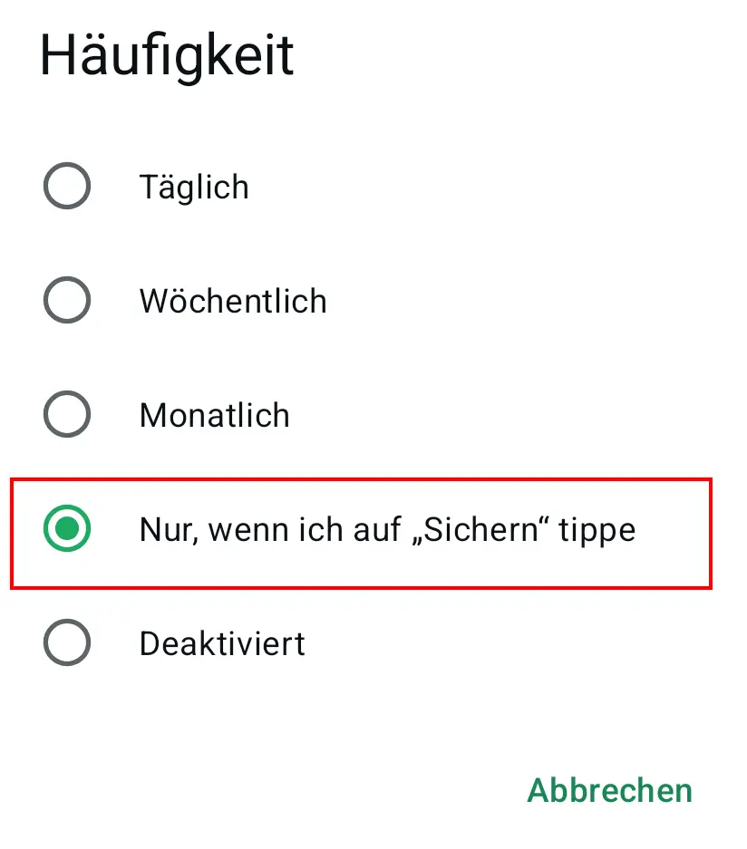 WhatsApp-Chat-Backup-Menü für Google Drive Bild: WhatsApp-Chat-Backup-Menü für Google Drive