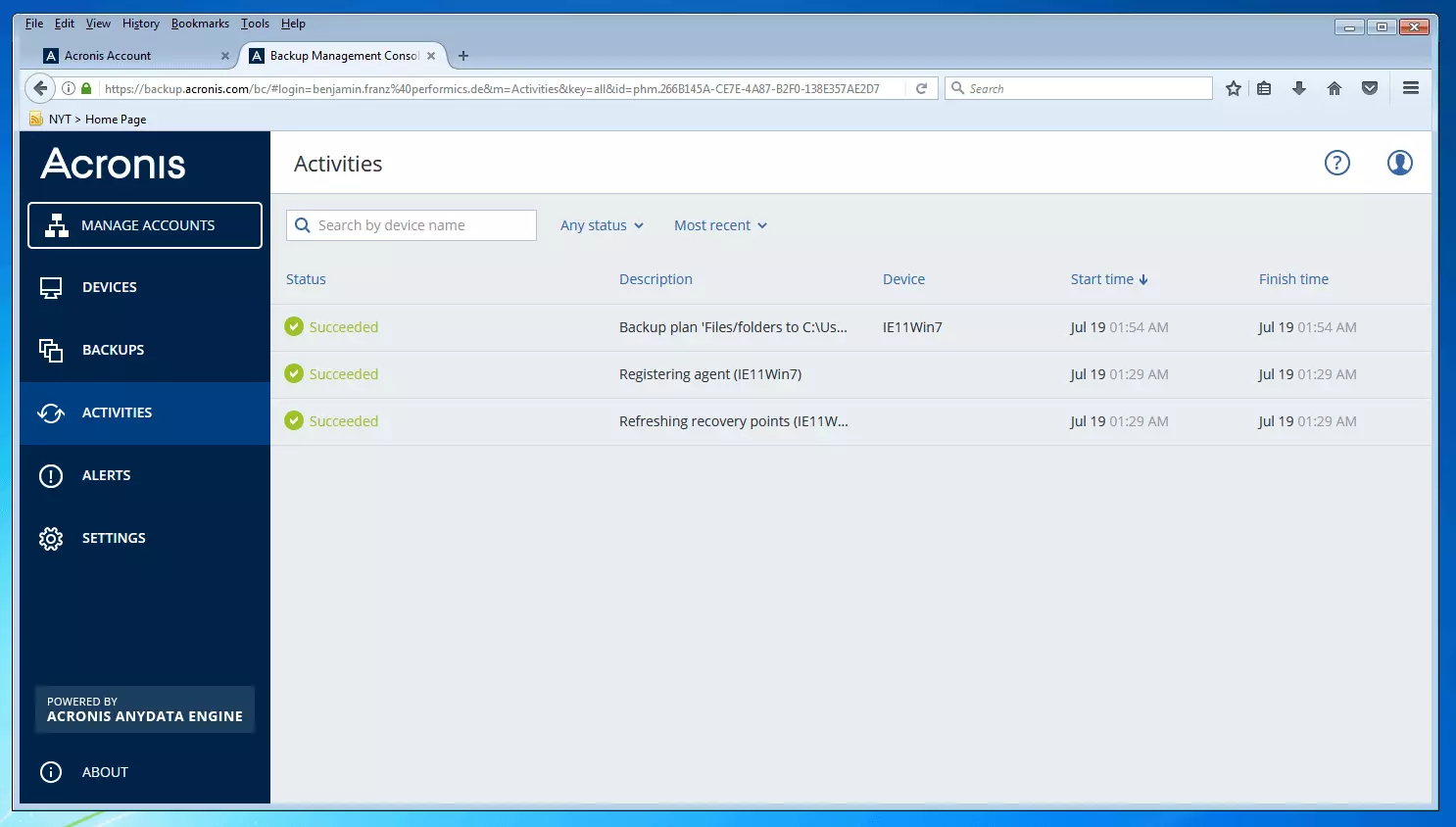 Bild: Die Backup-Management-Konsole von Acronis Backup 12.5: Aktivitätsübersicht
