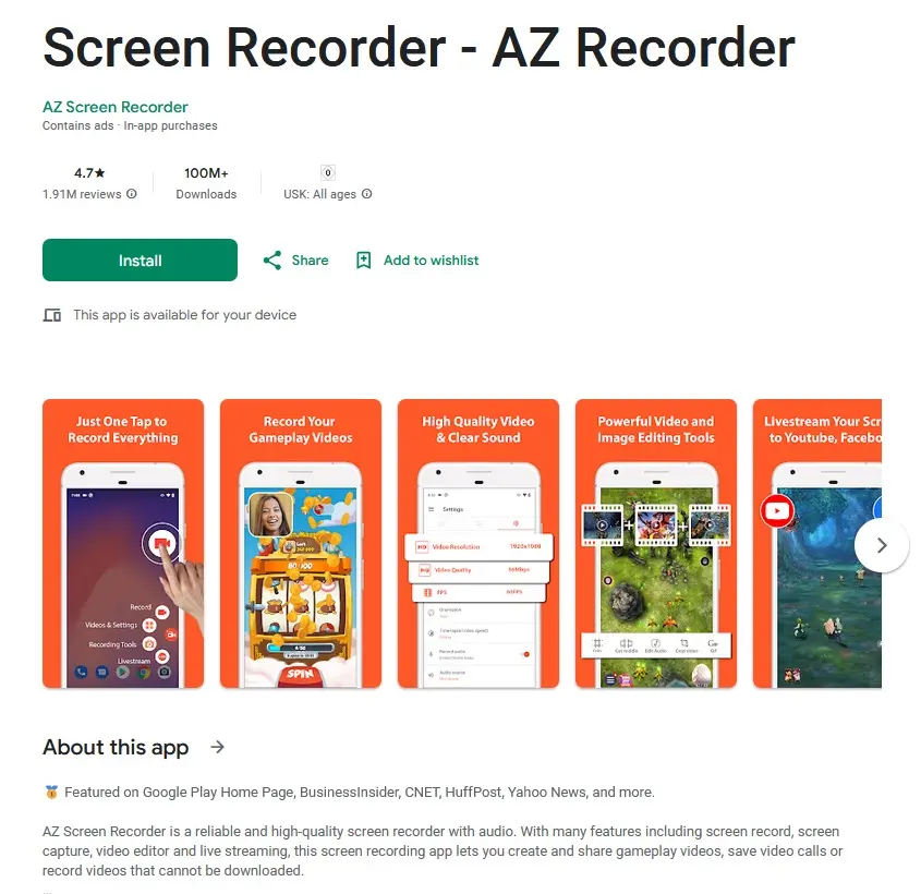 Bild: Screenshot-Tool AZ Screen Recorder im Google Play Store
