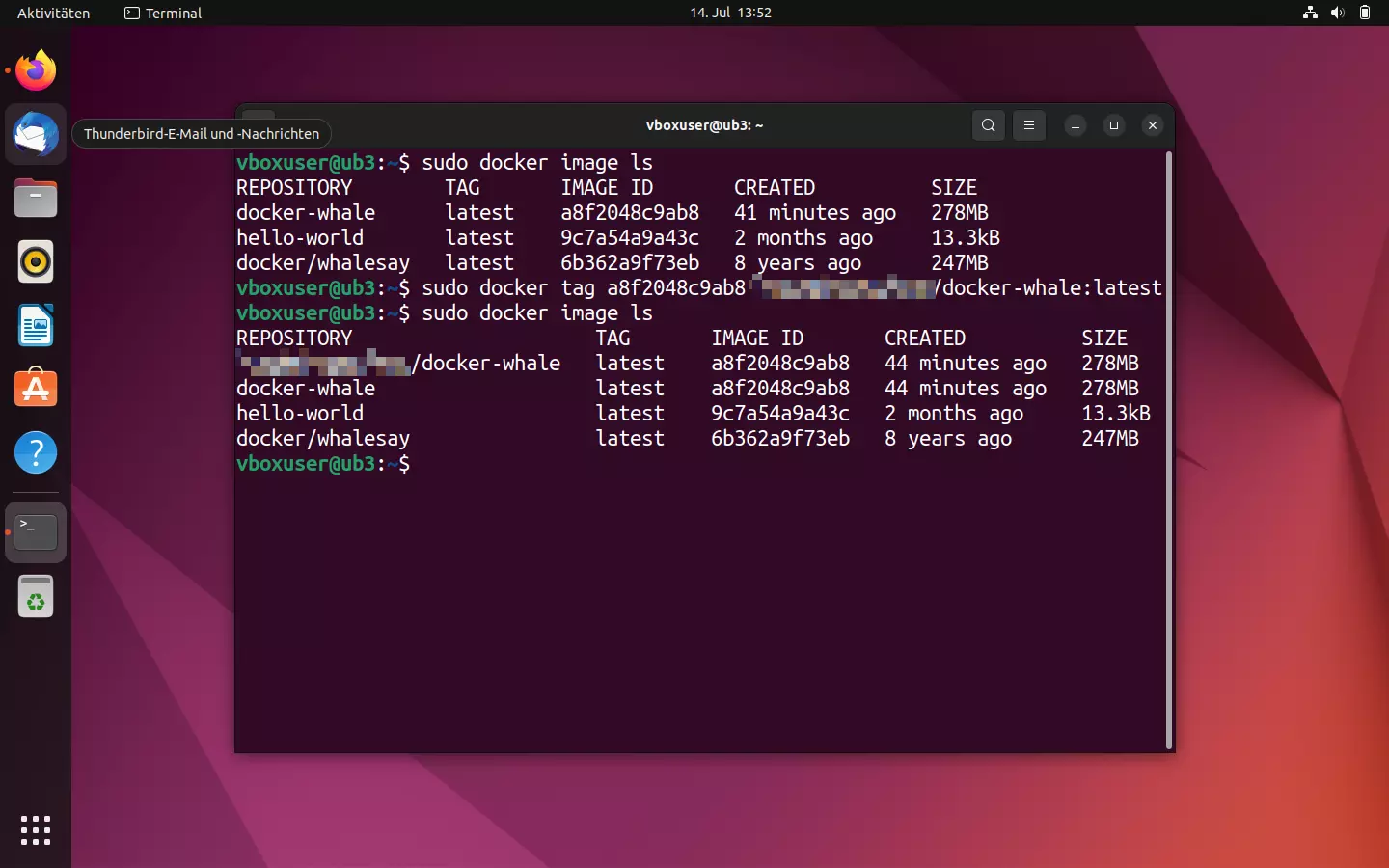 Ubuntu-Terminal: Image-Übersicht vor und nach dem Tagging Ubuntu-Terminal: Image-Übersicht vor und nach dem Tagging