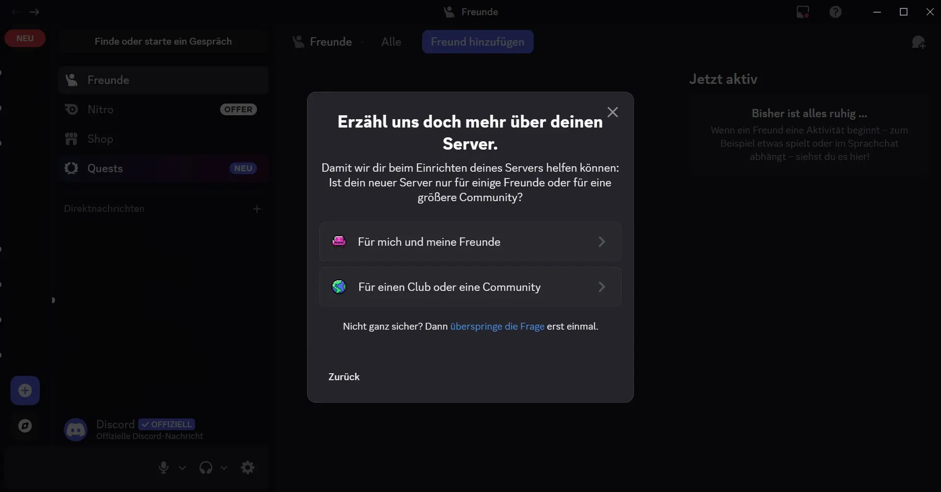 Bild: Legen Sie fest, f&uuml;r wen der Server genutzt wird oder &uuml;berspringen Sie die Frage
