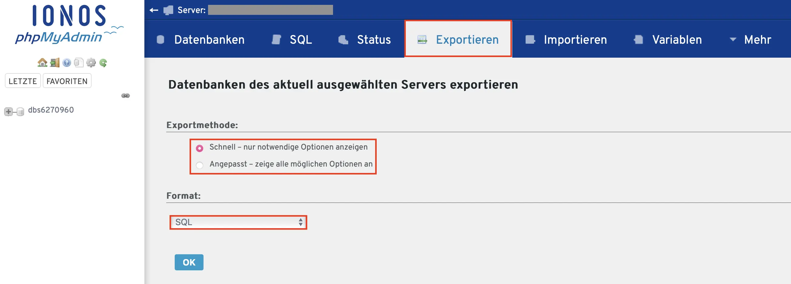 Ansicht der Exportfunktion in phpMyAdmin Bild: Ansicht der Exportfunktion in phpMyAdmin