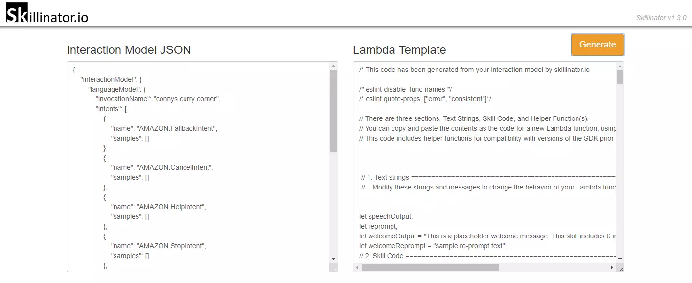 Bild: Skillinator.io: Erstellung des Lambda-Templates auf Basis des Interaktionsmodells