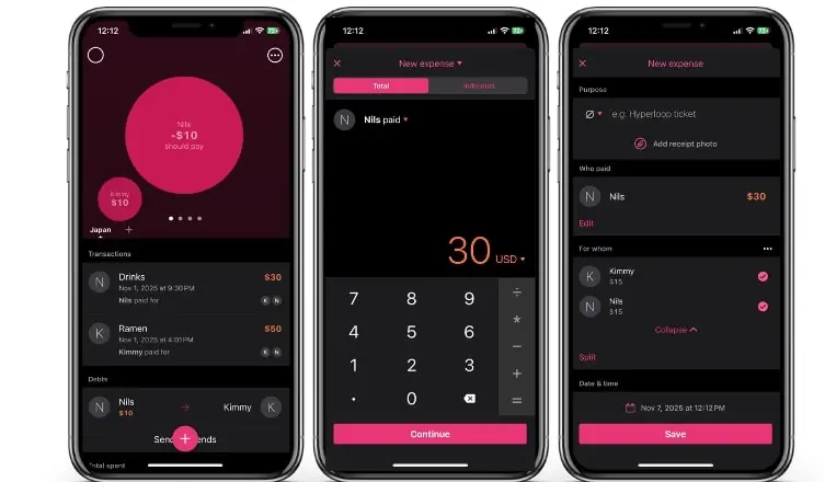 Ansichten der Settle-Up-App: Gruppe – Teilnehmer – Schulden begleichen Bild: Ansichten der Settle-Up-App: Gruppe – Teilnehmer – Schulden begleichen